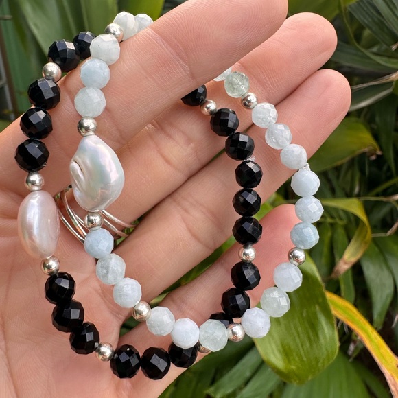 Faceted Aquamarine Freshwater Pearl .925 Sterling Silver Bracelet Handmade - Picture 4 of 7